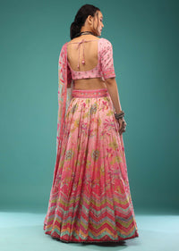 Bubblegum Pink Multicolored Jaiprint Lehenga In Sequins Embroidery, Paired With A Choli And Dupatta In Sequins, Cut Dana And Moti Embroidery