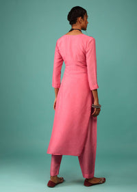 Rose Pink Kurta Set In Dola Silk With Kashmiri Thread Embroidery & 3D Floral Work