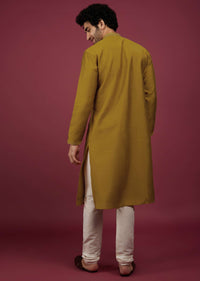 Yellow Silk Kurta Set In Leather Work On Yoke