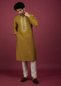 Yellow Silk Kurta Set In Leather Work On Yoke