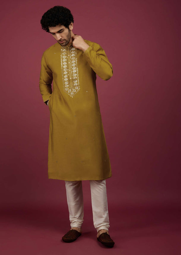 Yellow Silk Kurta Set In Leather Work On Yoke