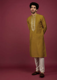 Yellow Silk Kurta Set In Leather Work On Yoke