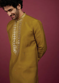 Yellow Silk Kurta Set In Leather Work On Yoke