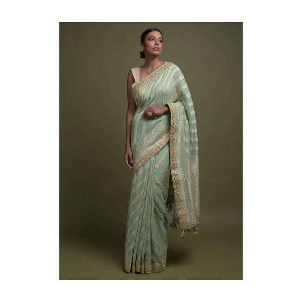 Bud Green Banarasi Saree In Georgette With Weaved Diagonal Stripes All Over Online - Kalki Fashion