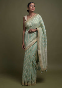 Bud Green Banarasi Saree In Georgette With Weaved Diagonal Stripes All Over Online - Kalki Fashion