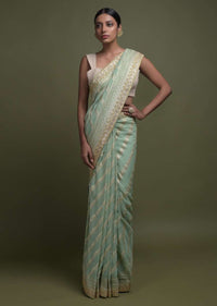 Bud Green Banarasi Saree In Georgette With Weaved Diagonal Stripes All Over Online - Kalki Fashion