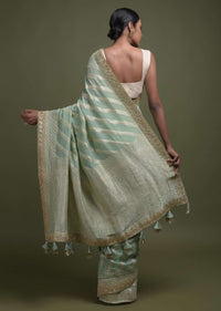 Bud Green Banarasi Saree In Georgette With Weaved Diagonal Stripes All Over Online - Kalki Fashion