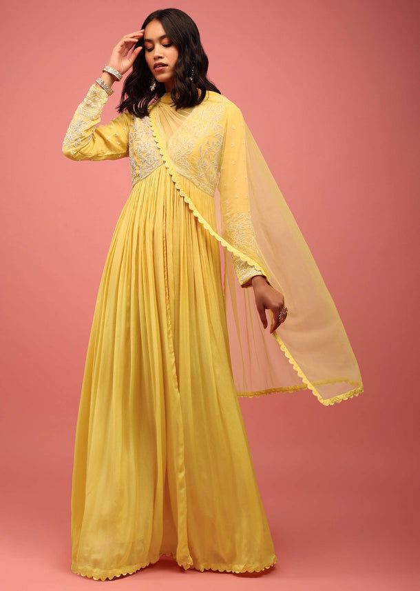 Daffodil Yellow Embroidered Anarkali Suit In Chiffon