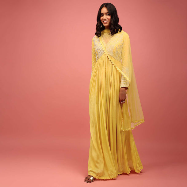 Daffodil Yellow Embroidered Anarkali Suit In Chiffon