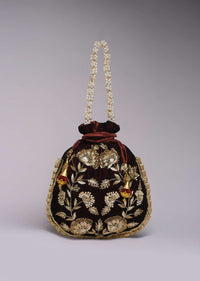 Burgandy Potli Bag In Velvet With Hand Embroidered Floral Design Using Sequins And Zardosi