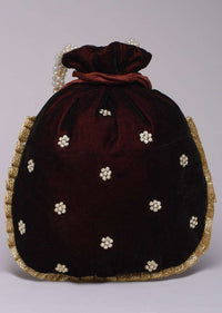 Burgandy Potli Bag In Velvet With Hand Embroidered Floral Design Using Sequins And Zardosi