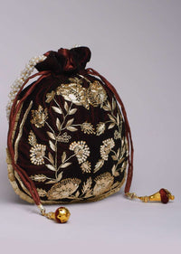 Burgandy Potli Bag In Velvet With Hand Embroidered Floral Design Using Sequins And Zardosi