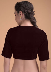 Burgandy Blouse In Velvet With A Zari Lace Defining The Neckline