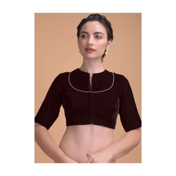 Burgandy Blouse In Velvet With A Zari Lace Defining The Neckline