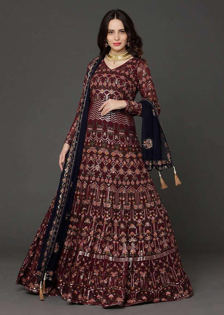 Burgundy Anarkali Suit In Georgette With Thread Embroidered Floral Kalis Online - Kalki Fashion