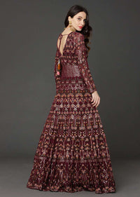 Burgundy Anarkali Suit In Georgette With Thread Embroidered Floral Kalis Online - Kalki Fashion