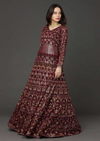 Burgundy Anarkali Suit In Georgette With Thread Embroidered Floral Kalis Online - Kalki Fashion