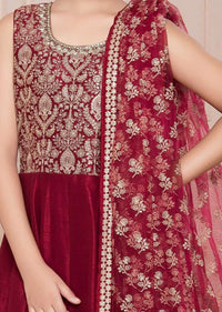 Burgundy Anarkali Suit In Raw Silk With Thread And Sequins Work In Floral Jaal On The Bodice Online - Kalki Fashion