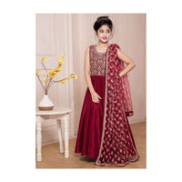 Burgundy Anarkali Suit In Raw Silk With Thread And Sequins Work In Floral Jaal On The Bodice Online - Kalki Fashion