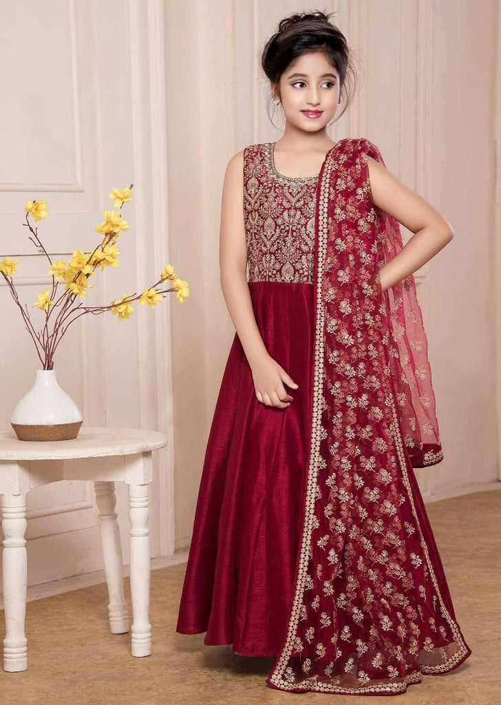 Burgundy Anarkali Suit In Raw Silk With Thread And Sequins Work In Floral Jaal On The Bodice Online - Kalki Fashion