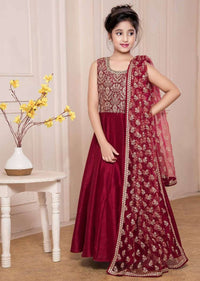 Burgundy Anarkali Suit In Raw Silk With Thread And Sequins Work In Floral Jaal On The Bodice Online - Kalki Fashion