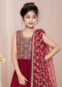 Burgundy Anarkali Suit In Raw Silk With Thread And Sequins Work In Floral Jaal On The Bodice Online - Kalki Fashion