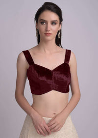 Burgundy Blouse In Velvet With Sweetheart Neckline  And Cuved Hem