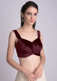 Burgundy Blouse In Velvet With Sweetheart Neckline  And Cuved Hem