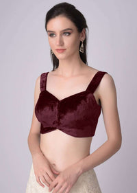 Burgundy Blouse In Velvet With Sweetheart Neckline  And Cuved Hem