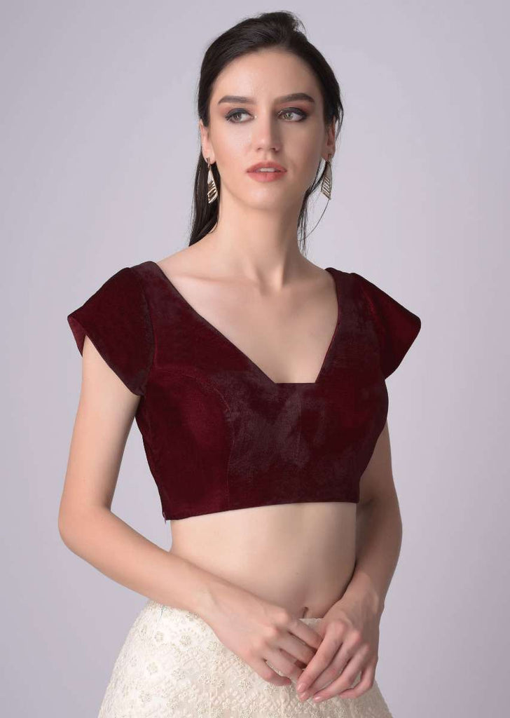 Burgundy Blouse In Velvet With Trapeze Neckline