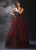 Burgundy Gown In Sequins Embellished Net With Attached Cape And Cut Dana Accented Front Cut Bodice