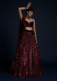 Burgundy Lehenga Embellished In Sequins With A Velvet Crop Top And Matching Belt Bag