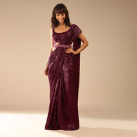 Burgundy Ready Pleated Saree Embellished In Sequins With Bead Fringes, Moti Embellished Belt And Matching Sequins Blouse