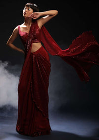 Burgundy Red Ready Pleated Saree In Crepe With Sequins Embellished Pallu, Frill On The Hemline And Ready Blouse