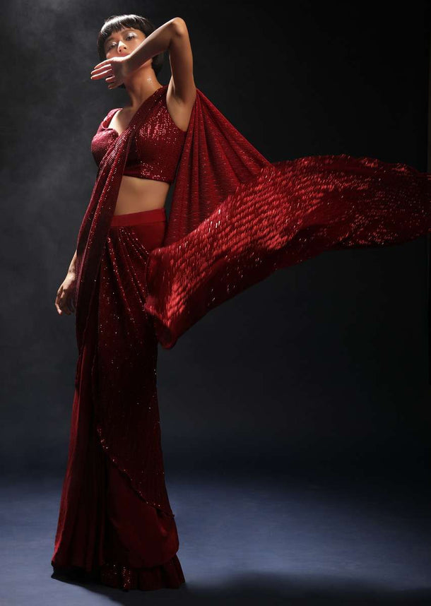 Burgundy Red Ready Pleated Saree In Crepe With Sequins Embellished Pallu, Frill On The Hemline And Ready Blouse