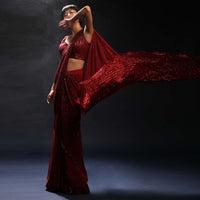 Burgundy Red Ready Pleated Saree In Crepe With Sequins Embellished Pallu, Frill On The Hemline And Ready Blouse