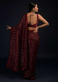 Burgundy Red Ready Pleated Saree In Net With Sequin Embellished Stripes And Matching Velvet Crop Top