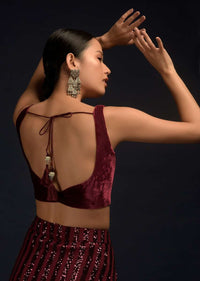 Burgundy Red Ready Pleated Saree In Net With Sequin Embellished Stripes And Matching Velvet Crop Top