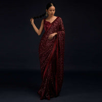 Burgundy Red Ready Pleated Saree In Net With Sequin Embellished Stripes And Matching Velvet Crop Top