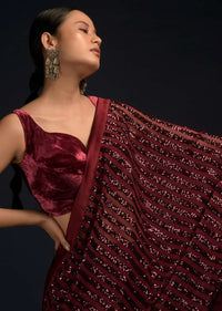 Burgundy Red Ready Pleated Saree In Net With Sequin Embellished Stripes And Matching Velvet Crop Top