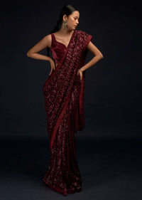 Burgundy Red Ready Pleated Saree In Net With Sequin Embellished Stripes And Matching Velvet Crop Top