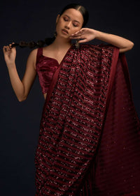 Burgundy Red Ready Pleated Saree In Net With Sequin Embellished Stripes And Matching Velvet Crop Top