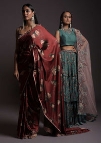 Burgundy Saree In Satin With Floral Print And Sequins Embellished Crop Top