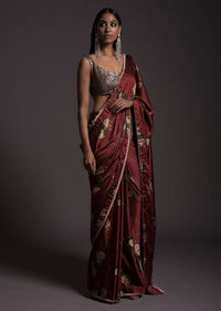 Burgundy Saree In Satin With Floral Print And Sequins Embellished Crop Top
