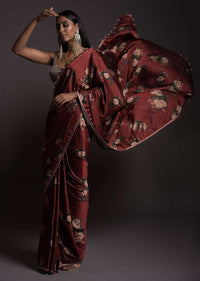 Burgundy Saree In Satin With Floral Print And Sequins Embellished Crop Top