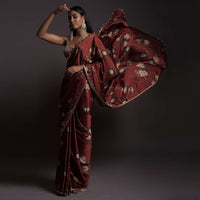 Burgundy Saree In Satin With Floral Print And Sequins Embellished Crop Top