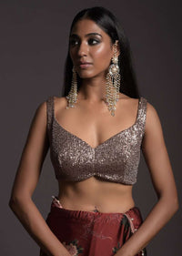 Burgundy Saree In Satin With Floral Print And Sequins Embellished Crop Top