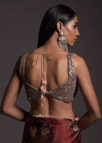 Burgundy Saree In Satin With Floral Print And Sequins Embellished Crop Top