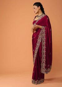 Burgundy Maroon Saree In Satin With Sequins And Zardosi Embroidered Floral Border And Butti Design Online - Kalki Fashion