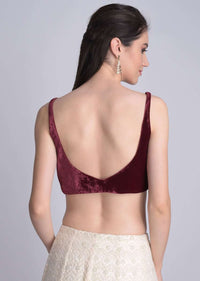 Burgundy Sleeveless Blouse In Velvet With Curved V Neckline